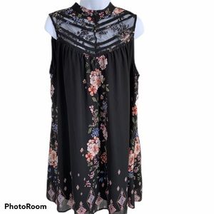3Hearts Black Floral Yoke Mesh High Neck Dress XL